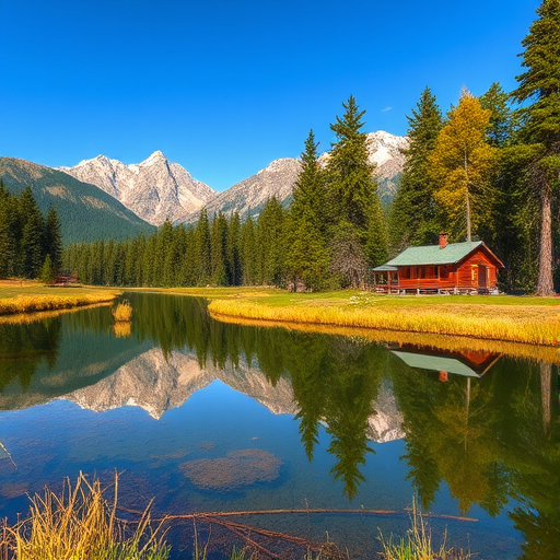 regenerate a serene landscape scene with a clear blue sky, majestic mountains in the background, a calm pond reflecting the scenery, tall pine trees surrounding the area, and a rustic cabin, using a DSLR camera with a 24mm lens, aperture f/8, ISO 100, shooting from a low angle to enhance depth and clarity.