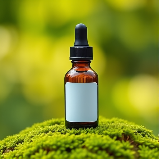 Create a highly detailed image of a dropper bottle with a blank label standing on lush green moss, set against a blurred background of soft green bokeh, using a Canon EOS R5 with a 50mm f/1.2 lens, aperture set to f/1.8 for shallow depth of field, ISO 100 for clarity, and a soft natural lighting setup to enhance texture and color vibrancy.