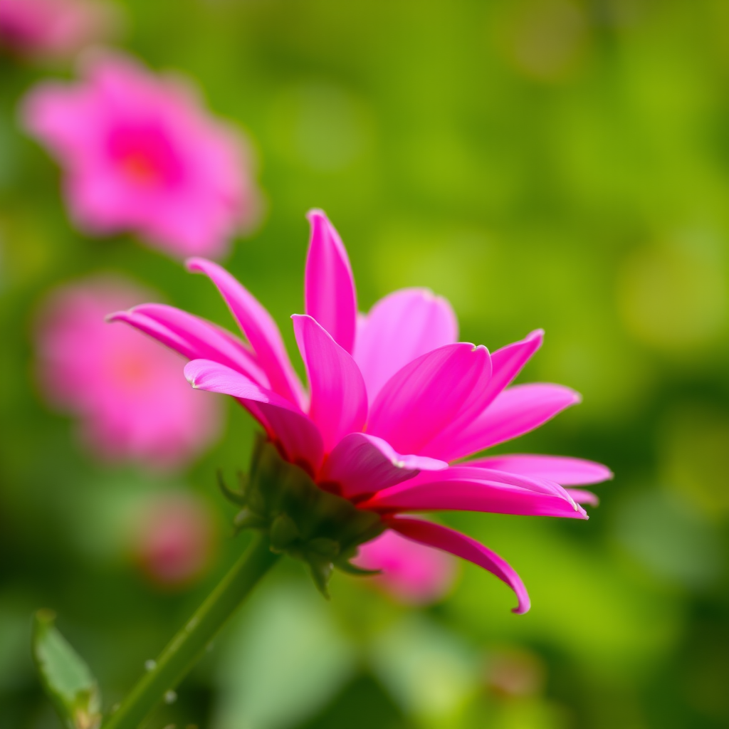 Capture a close-up of a vibrant pink flower with soft petals against a blurred green background, using a DSLR camera set to aperture f/2.8 for shallow depth of field, ISO 100 for clarity, and a shutter speed of 1/200s to freeze motion, with a macro lens to enhance detail.