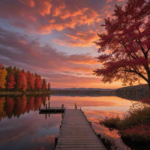 Create an image featuring a wooden dock extending into a serene lake at sunset. The sky is filled with dramatic orange, pink, and golden clouds as the sun sets behind distant hills, casting a beautiful reflection on the calm waters of the lake. The dock is strewn with vibrant red autumn leaves, and a strikingly red tree stands to the right, its leaves also glowing in the sunset light. The overall mood of the image is peaceful and warm, with the contrast between the fiery sky and calm waters enhancing the beauty of the scene.