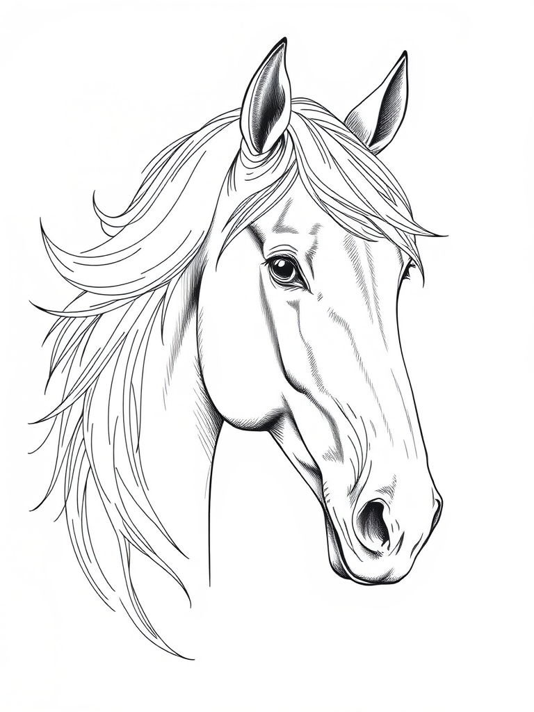 a detailed line drawing of a horse's head with flowing mane, captured in high resolution with a Canon EOS R5, aperture f/2.8, ISO 100, 50mm lens, soft natural lighting for enhanced texture and contrast