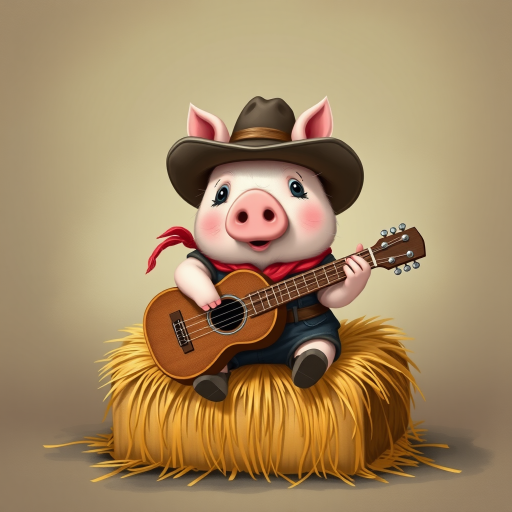 A chibi pig, dressed as a cowboy, playing guitar, sitting on a hay bale