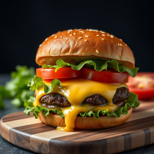 A mouthwatering cheeseburger with oozing cheese, fresh lettuce, and tomatoes on a wooden cutting board, with a dark background, captured with a Canon EOS R5, 50mm lens, f/2.8 aperture, 1/100 sec shutter speed, natural lighting for a soft focus effect.