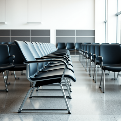 empty waiting room with rows of modern black chairs, soft natural lighting, high resolution, f/2.8 aperture, 35mm lens, ISO 200, taken from an eye-level angle, depth of field focused on chairs