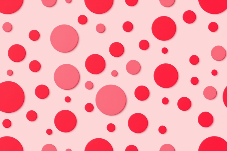 Create a seamless vector pattern featuring various sizes of circles in shades of red and pink against a soft pink background, captured with a Canon EOS R5 at f/8, ISO 100, 50mm lens, with a flat lay view in a minimalistic style.