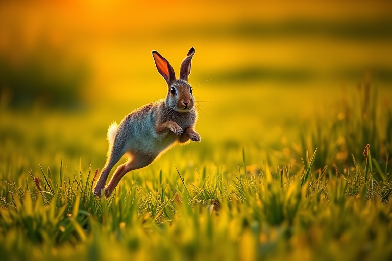 Capture a high-quality image of a rabbit leaping in a lush green field during golden hour, using a DSLR camera with a 50mm lens at f/2.8, ISO 200, shutter speed of 1/1000s, positioned at eye level for a natural perspective.