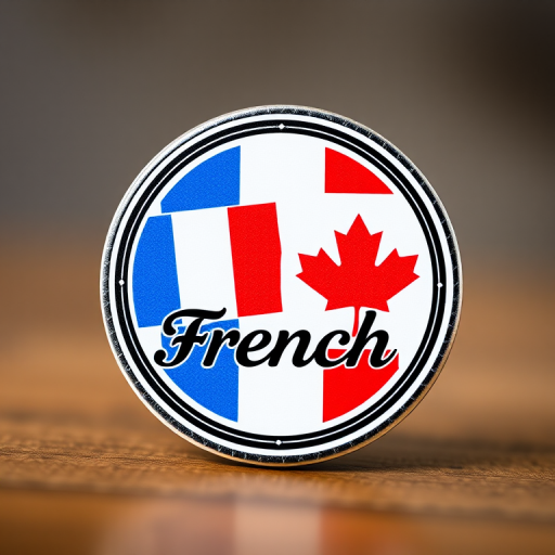 Create an image of a circular badge featuring the French and Canadian flags with the word "French" in a stylish font, using a DSLR camera with a 50mm lens at f/2.8, ISO 100, and a shallow depth of field to enhance the details and colors.