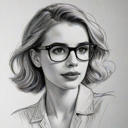Bewitching Emma Roberts, pencil sketch, portrait of Appealing woman 1941s in glasses, hair style beatnik, outline, clear lines, fine lines, 8k