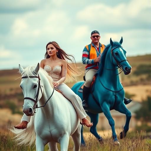 Create an image of a fantasy scene featuring a woman on a white horse and a man on a blue horse, shot with a Canon EOS R5, 50mm lens, f/1.8 aperture, ISO 100, 1/200 sec shutter speed, with a shallow depth of field and vibrant colors.