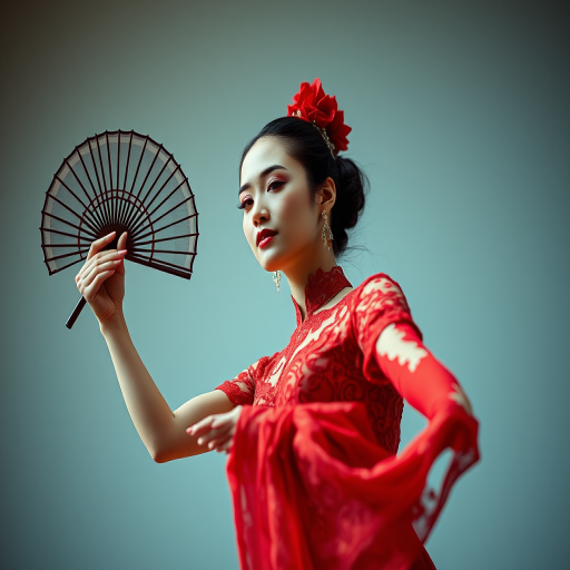 Regenerate an elegant dancer wearing a red lace dress and holding a fan, with intricate patterns, shot with a DSLR camera, aperture f/2.8, ISO 100, in a low-angle view, using a soft focus style to enhance image quality.