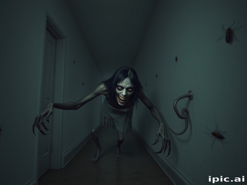 a crooked woman with long arms and a creepy smile is crawling along a long white corridor and you can also see cockroaches in it there is a creepy atmosphere creepy art style