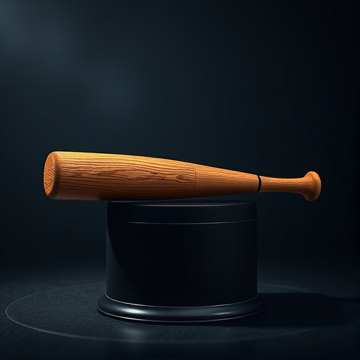 Create a highly detailed 3D render of a wooden baseball bat resting on a black pedestal in a dimly lit environment, using a Canon EOS R5 camera, 50mm lens, aperture f/1.8, ISO 100, shutter speed 1/200s, with soft shadows and a focus on texture and finish.