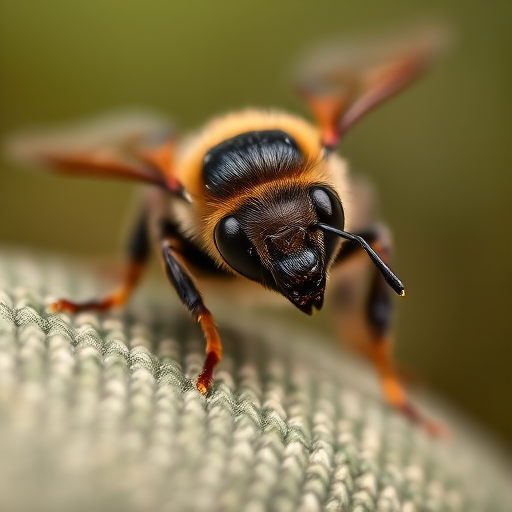 macro shot of a bee perched on fabric with details in focus and a blurred background, aperture f/8, shutter speed 1/200s, ISO 100, 100mm macro lens, natural light, DSLR camera, shallow depth of field