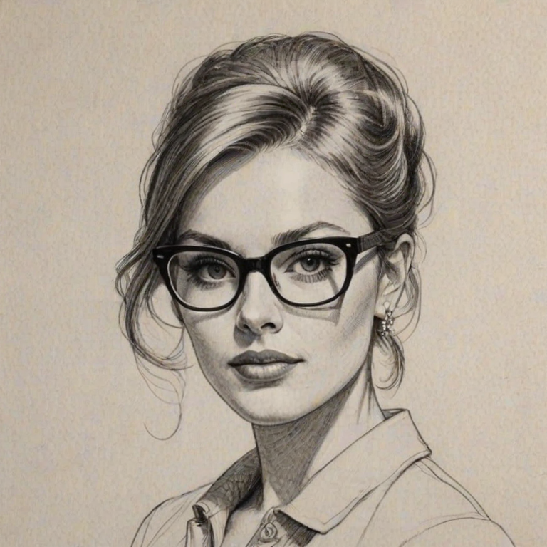 Exquisite Mary Elizabeth Ellis, pencil sketch, portrait of Fascinating woman 1964s in glasses, hair style beatnik, outline, clear lines, fine lines, 8k