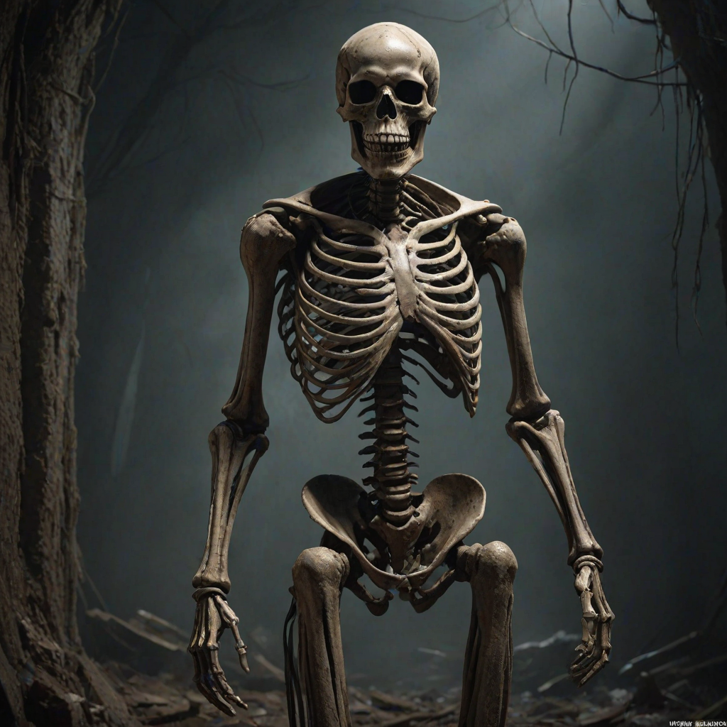 giving it an ancient, humanoid figure, horror theme. The skeleton is a formidable figure with a grinning skull, This is a highly detailed digital CGI rendering of an enormous, The image is a high-resolution photograph of a detailed, giving it a menacing appearance., dark and eerie style, with the rib cage visible beneath the tattered leather.