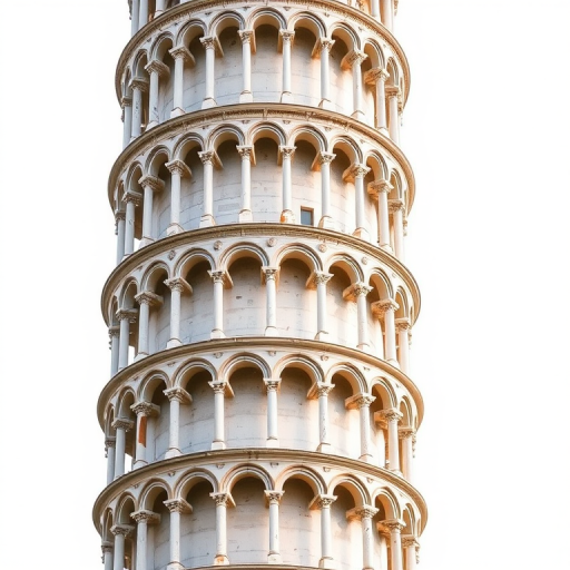 Regenerate an image of the Leaning Tower of Pisa with a high-resolution 35mm camera, f/8 aperture, 1/200 sec exposure, wide-angle lens, and a focus on capturing the intricate architectural details against a plain white background.