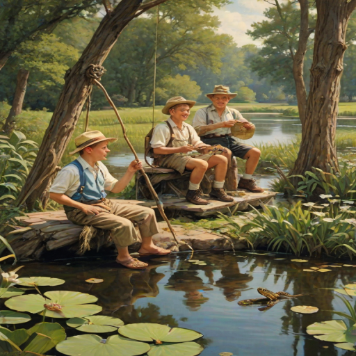 Imagine a small group of old fashioned young boys out fishing by the creek, a swing hanging from a tree branch, reeds and grasses by the water's edge, a frog sitting on a lily pad, dragonflies hovering over som water plans, a very iconic old fashioned scene reminiscent of a Norman Rockwell painting style