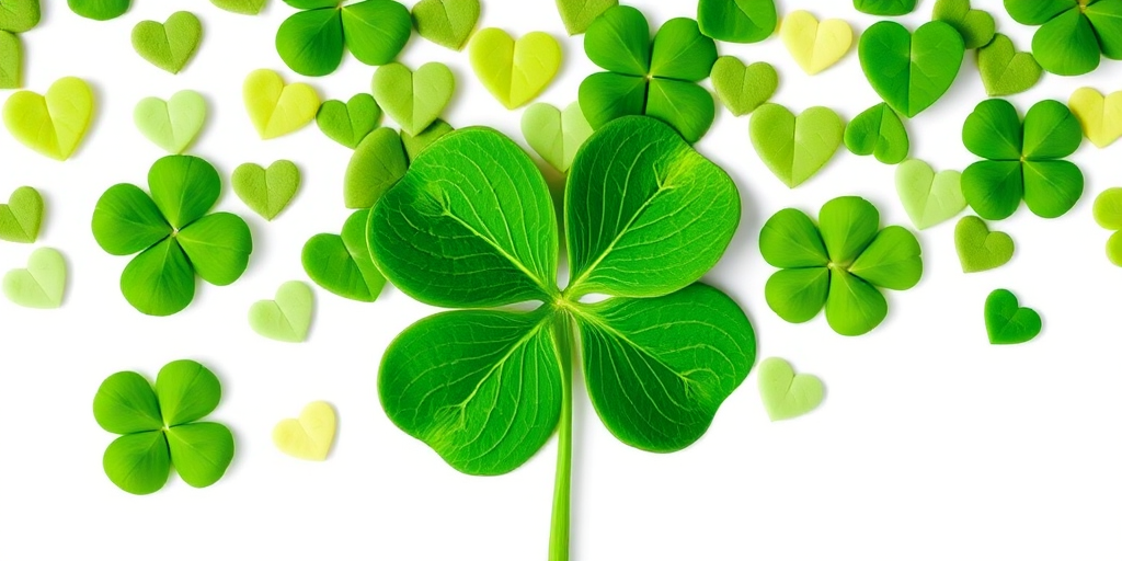 Create an image of a four-leaf clover filled with various shades of green hearts on a white background, shot with a 50mm lens, f/2.8 aperture, ISO 100, top-down view, using a DSLR camera for high clarity and vibrant colors.