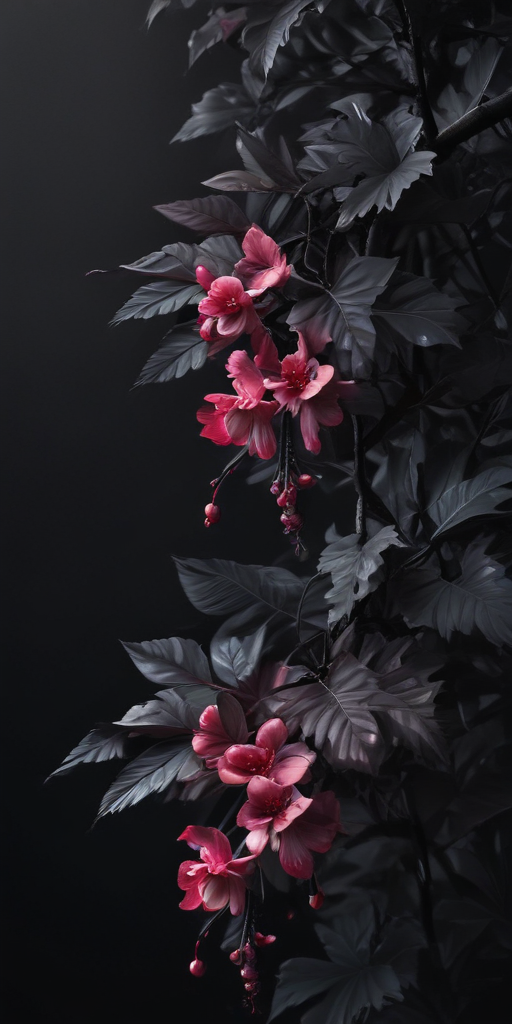 Elegant Dark Floral Arrangement with Vibrant Pink Blooms and Leaves