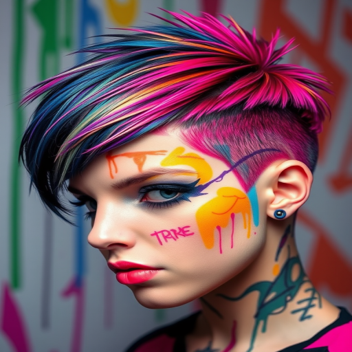 Edgy graffiti-inspired pixie cut featuring a kaleidoscope of neon hues in abstract patterns, with shaved sides for added drama
