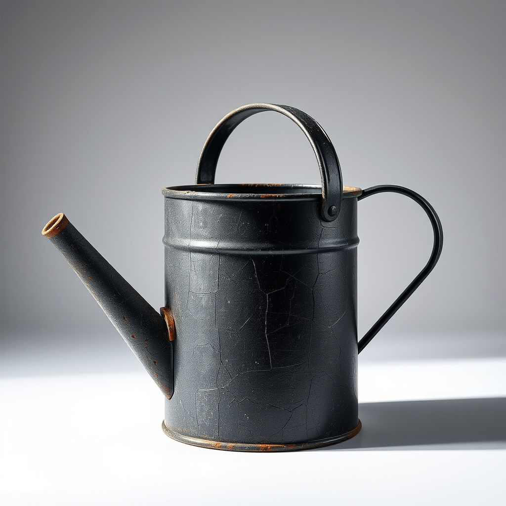 Create a high-resolution illustration of a cracked black watering can, emphasizing the wear and tear with detailed shadows and highlights, using a 50mm lens at f/2.8, ISO 100, in a studio setting with softbox lighting, shot with a DSLR camera.