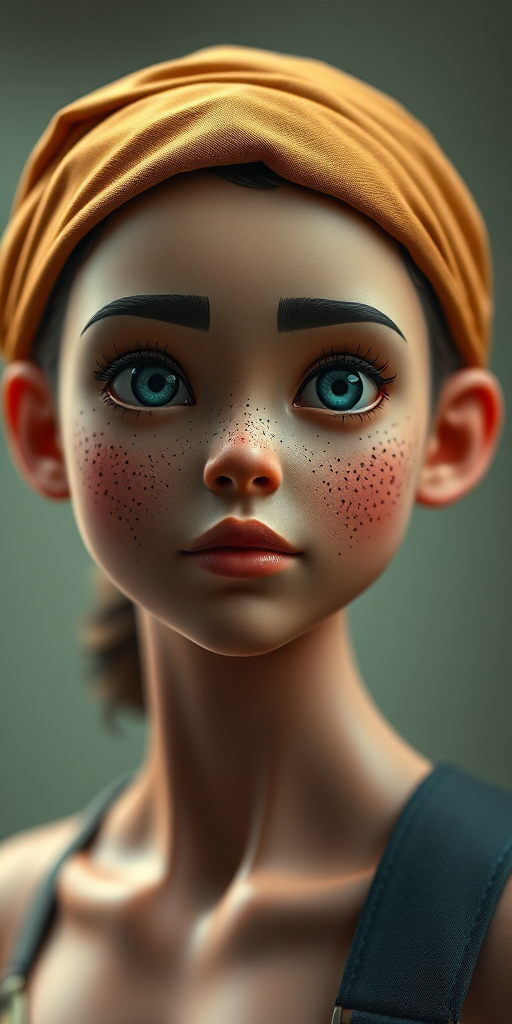 Create a high-resolution 3D portrait of a humanoid figure with soft freckles and a headband, captured with a DSLR camera at f/1.8 aperture, 50mm lens, ISO 100, using a shallow depth of field to highlight the subject against a blurred background, with a soft lighting setup to enhance facial features and texture.