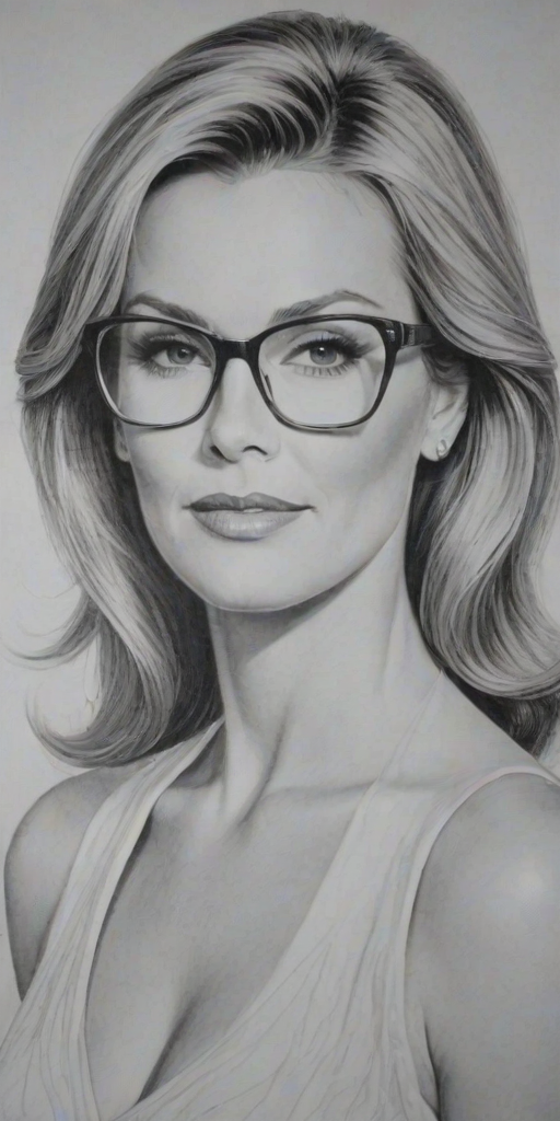 Ravishing Katherine Kelly Lang, pencil sketch, portrait of Resplendent woman 1961s in glasses, hair style beatnik, outline, clear lines, fine lines, 8k