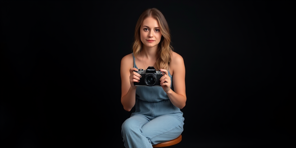 portrait of a woman sitting on a stool holding a vintage camera, studio lighting, black background, f/2.8, 1/125s, ISO 200, shallow depth of field, 50mm lens, soft focus, natural pose, medium shot
