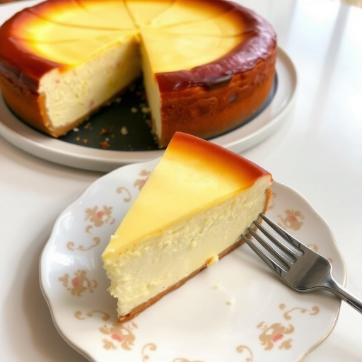 A slice of creamy cheesecake on a decorative white plate with a fork beside it, featuring a whole cheesecake in the background on a round serving tray, bright and appetizing presentation, natural lighting.