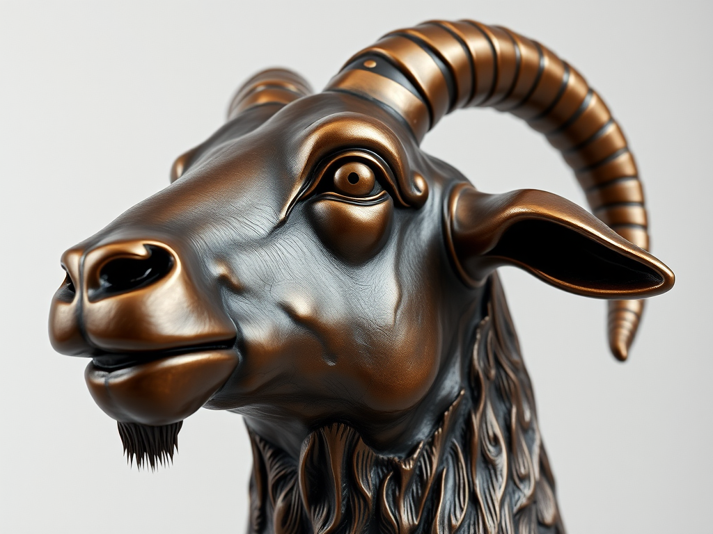 high-quality 3D rendering of a bronze goat head sculpture, focused close-up, soft studio lighting, f/2.8 aperture, 50mm lens, ISO 100, 1/125 sec shutter speed, neutral background for contrast