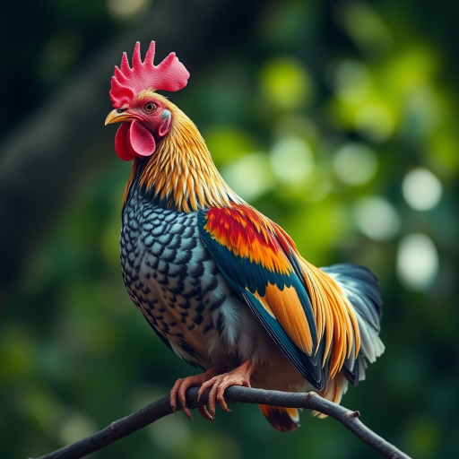 Regenerate a vibrant image of a chicken perched on a branch, captured with a Canon EOS 5D Mark IV, 85mm lens, f/1.8 aperture, ISO 100, shot in natural soft light at a low angle with a shallow depth of field to enhance background bokeh and focus on the chicken's details.