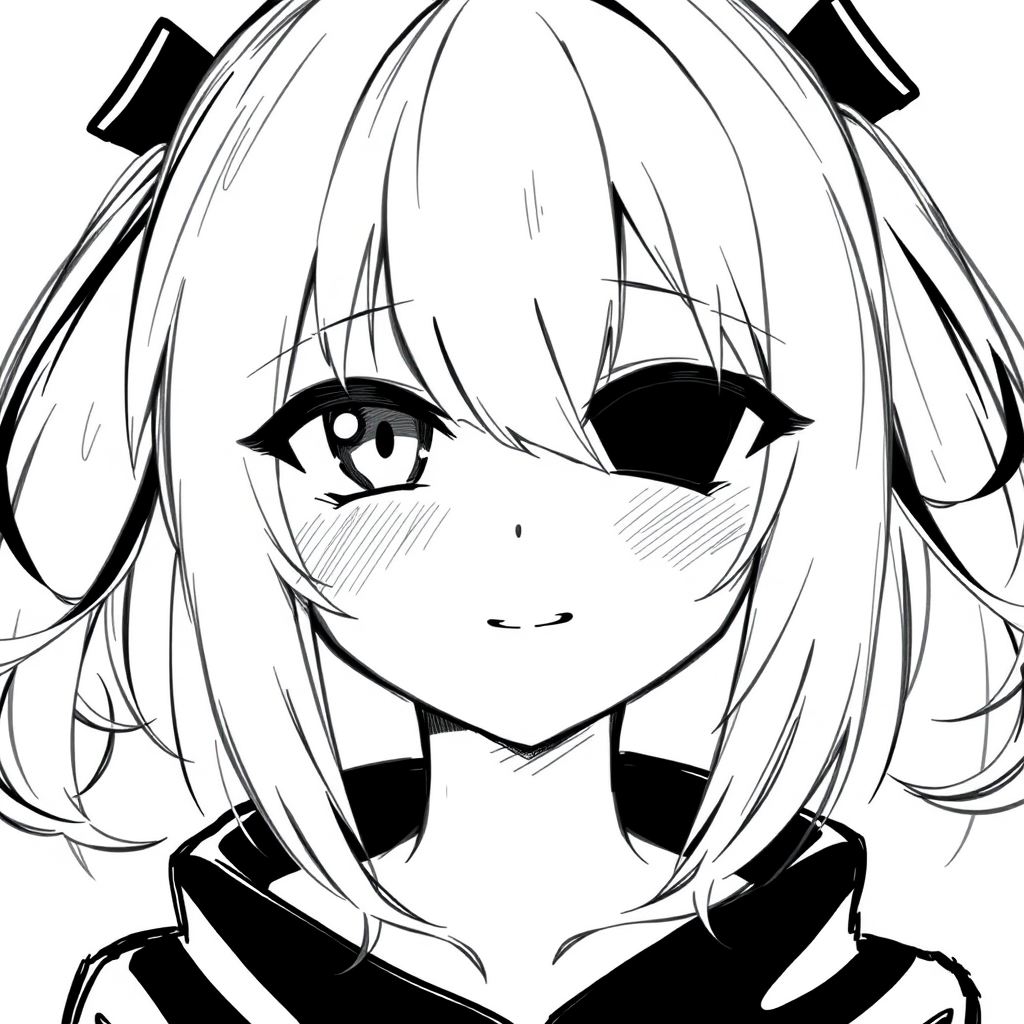1girl, Best quality, quan,hyouuma,wanke,nikorashi-ka,sofra,you shimizu, voice actor connection, white background, looking at viewer, monochrome, hair between eyes, closed mouth, smile, cosplay, sketch, long hair, greyscale, eyepatch, twintails, low twintails, portrait, kagune (tokyo ghoul), solo, crossover, simple background,