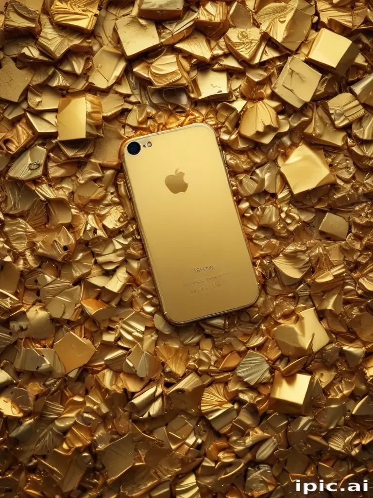 Shiny Gold iPhone Surrounded by Luxurious Gold Leaf Fragments and Textures