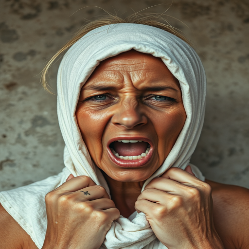 Create a close-up photographic image of a Aboriginal Australian woman with light skin tones shown against an old, worn wall. Their head is wrapped in a white cloth covering (i.e.... parts of the head except the nose and mouth, which are open as if they are screaming...), with a slight texture and visible folds in the fabric. Thin strands of blonde hair escape from the wrapping above, falling lightly at the top and sides. Their hands hold the fabric as if they are tugging nervously. The lighting is dramatic and even, casting strong shadows. The image has a minimalist and surreal style with an emphasis on simplicity with soft color tones. The composition is centered.