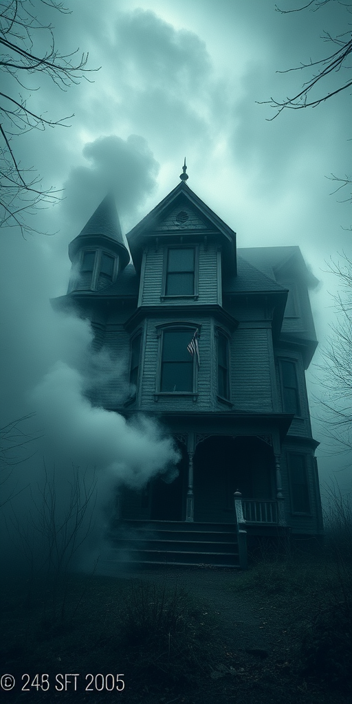 Generate an eerie, abandoned Victorian house surrounded by swirling fog and smoke with a moody atmosphere, captured using a DSLR camera at f/2.8, ISO 100, 1/60s, in a low-angle shot with a wide-angle lens to enhance depth and detail.