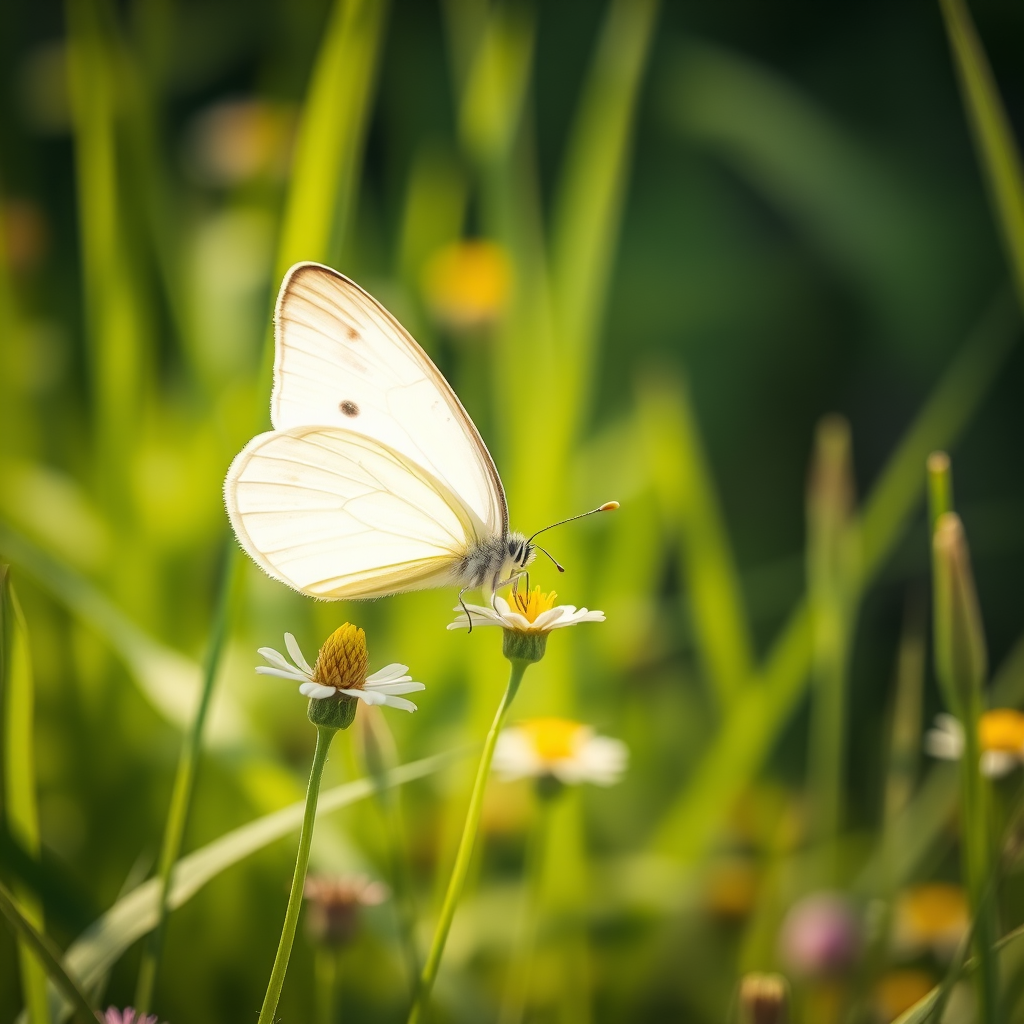 Create an image of a delicate white butterfly resting on a small flower in a lush green field. The background should be filled with tall grass and soft sunlight creating a serene atmosphere. Capture the intricate details of the butterfly's wings and the vibrant colors of the flowers.