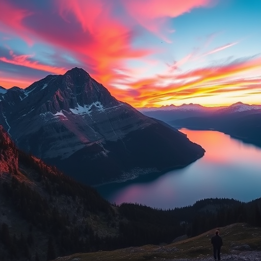 Create a detailed image of a serene mountain landscape at sunset, with vibrant colors in the sky reflecting off a calm lake, using a DSLR camera with a 24mm lens at f/8, ISO 200, shutter speed 1/125, shot in landscape orientation for enhanced sharpness and depth.