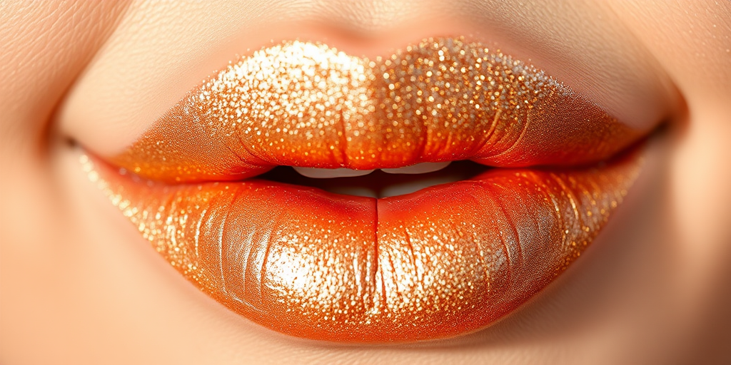 Shimmering champagne lip powder "Golden Hour Glow" with buildable coverage and metallic sheen, ideal for highlighting lip center and cupid's bow, innovative loose powder formula