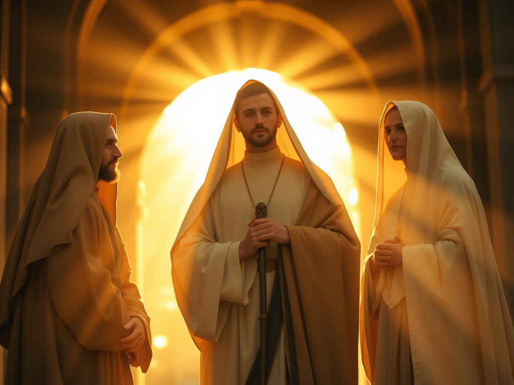 Generate an ethereal scene depicting three figures in historical religious attire, bathed in soft golden light with sun rays streaming through an archway, captured with a full-frame DSLR camera at f/1.8, 50mm lens, ISO 100, with shallow depth of field to create a dreamy background effect.