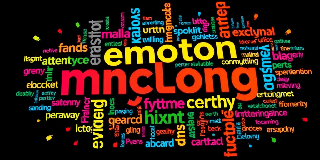 Create an abstract illustration of interconnected words related to emotions and psychology, using vibrant colors and varying font sizes, captured with a DSLR camera at f/2.8, ISO 100, and a 50mm lens from a top-down view, ensuring sharpness and detail in the text elements.