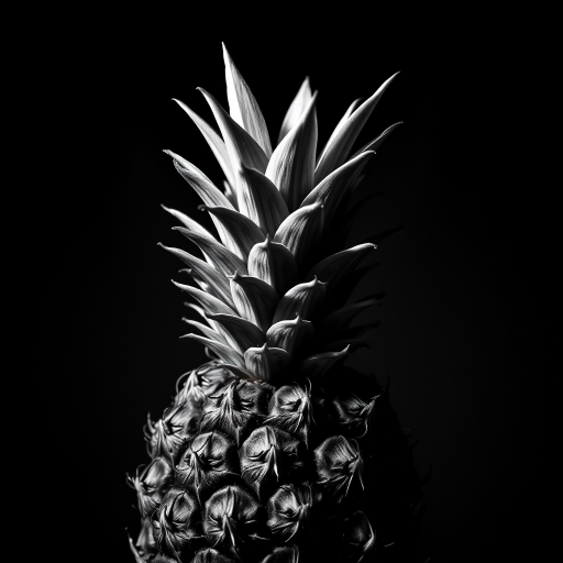 Create a high-contrast black and white image of a pineapple. The pineapple should be prominently featured with a dramatic lighting effect to highlight its texture and details. The background should be completely black to enhance the focus on the pineapple, emphasizing its unique spiky crown and rough skin.