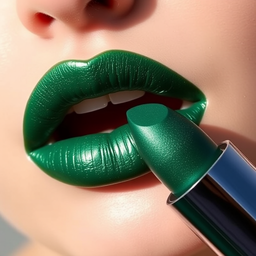 Emerald green lipstick with a metallic sheen, christened "Mermaid's Treasure," featuring a long-wearing formula with a slight shimmer