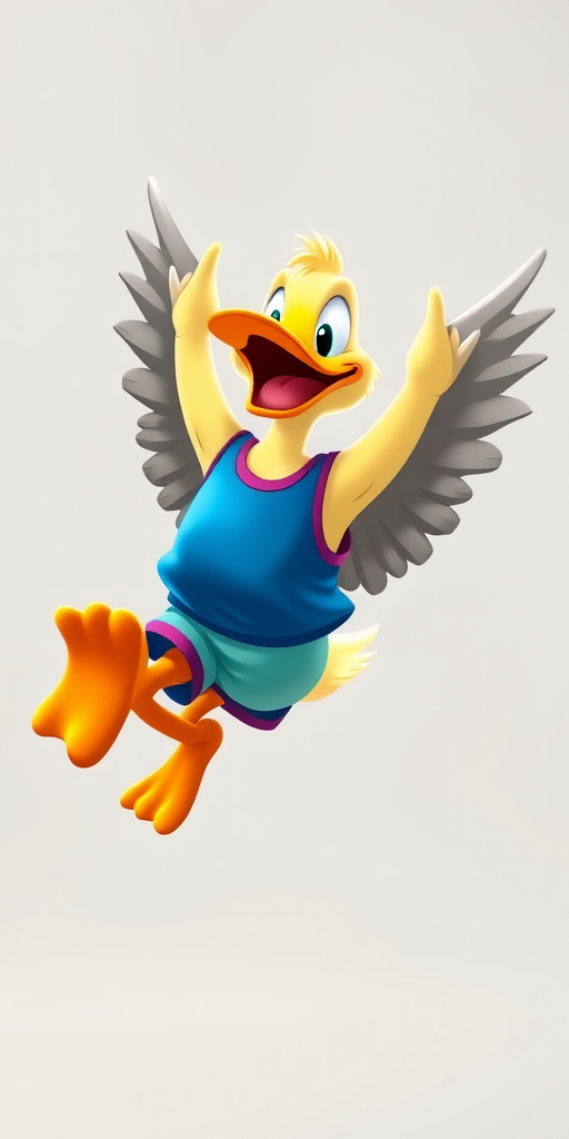 Create a vibrant illustration of a cheerful cartoon duck wearing a colorful tank top and shorts, mid-jump with wings spread wide, using a DSLR camera with a 50mm lens at f/2.8, focal length 50mm, ISO 100, natural lighting, and a slight bokeh effect in the background to enhance the image quality.