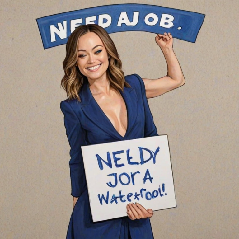 caricature of a smiling Olivia Wilde in a Sapphire dress or suit, holding up a sign that says "NEED A JOB", no watermark,