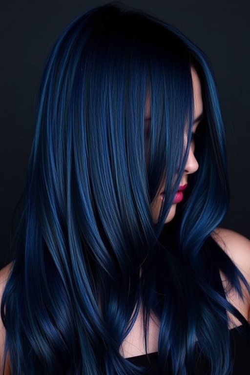 Mysterious midnight blue long layers, named "Starry Night," shimmer with iridescent undertones and a sleek, straight texture that catches the light