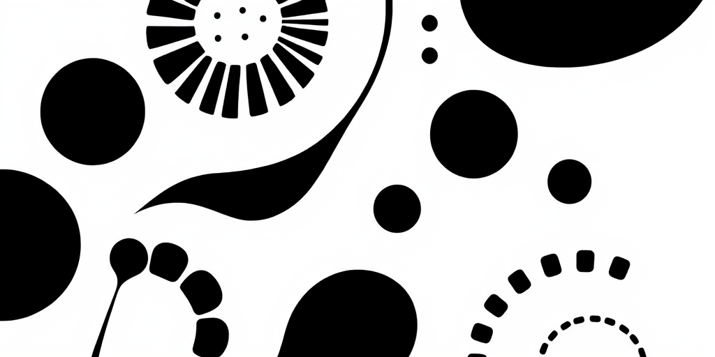 Generate a high-quality minimalist black and white illustration of abstract shapes and patterns with a 50mm lens, f/1.8 aperture, 1/250s shutter speed, shot from a top-down view using a DSLR camera in natural lighting.