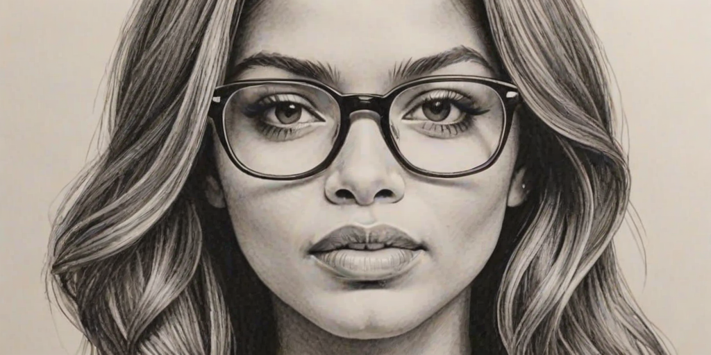 Gorgeous Jennifer Freeman, pencil sketch, portrait of Sublime woman 1966s in glasses, hair style beatnik, outline, clear lines, fine lines, 8k