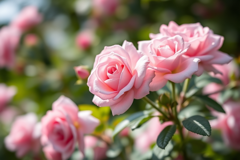 soft focus floral portrait of pink roses and leaves in natural light, shallow depth of field, f/2.8 aperture, ISO 100, 50mm lens, DSLR camera, taken from a low angle view to emphasize blooms against a blurred green background