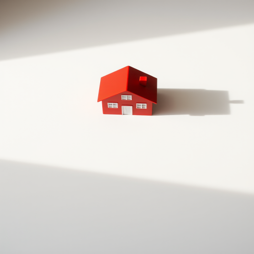 a vibrant red three-dimensional house on a flat shadowed surface, captured with a DSLR camera at f/5.6 aperture, ISO 100, focal length 50mm, using a macro lens and a slight overhead angle to enhance the colors and details