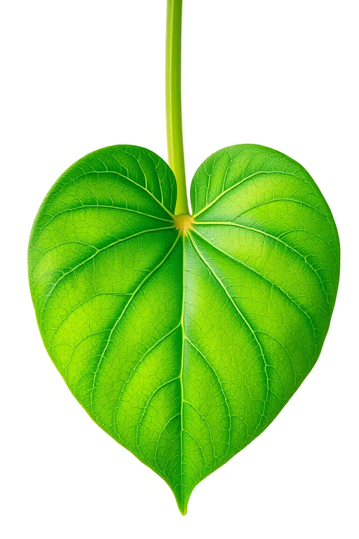 Create a high-resolution close-up image of a vibrant green heart-shaped leaf against a white background, using a DSLR camera with a 100mm macro lens, aperture set to f/2.8, ISO 100, and a shutter speed of 1/200s to enhance details and colors.